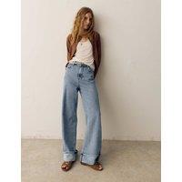 Per Una High Waisted Striped Wide Leg Turn Up Jeans Medium Indigo
