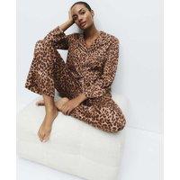 M&S Dream Satin Animal Print Revere Pyjama Set Brown Mix