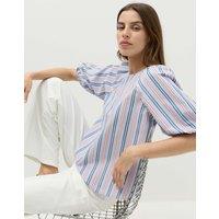 M&S Pure Cotton Printed Puff Sleeve Blouse Blue Mix