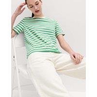 M&S Pure Cotton Striped Everyday Fit T-Shirt Light Green