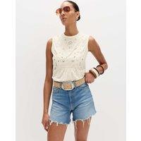 M&S Pure Cotton Studded Embroidered Lace Trim Top Ivory