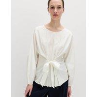 M&S Pure Cotton Pleat Tie Detail Blouse Soft White