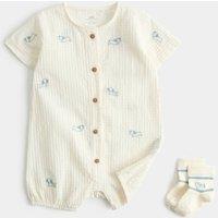 M&S 2 Piece Pure Cotton Romper & Socks Outfit (7lbs-2 Yrs) Light Cream
