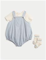 M&S 3 Piece Cotton Rich Gingham Paddler Bodysuit and Socks Outfit (7lbs-3 Yrs) Light Duck Egg