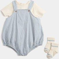 M&S 3 Piece Cotton Rich Gingham Paddler Bodysuit and Socks Outfit (7lbs-3 Yrs) Light Duck Egg