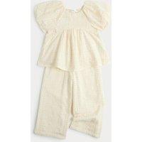 M&S 2 Piece Pure Cotton Shirred Trouser Outfit (2-10 Yrs) Ecru