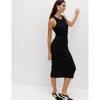 M&S Cotton Rich Ribbed Bra Insert Midi Bodycon Dress Black