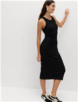 M&S Cotton Rich Ribbed Bra Insert Midi Bodycon Dress Black