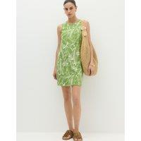 M&S Linen Rich Printed Scallop Mini Shift Dress Green Mix