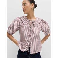 M&S Pure Cotton Striped Oversized Collar Tie Detail Shirt Red Mix