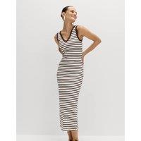 M&S Cotton Rich V-Neck Midi Column Dress Brown Mix