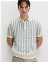 M&S Pure Cotton Textured Striped Knitted Polo Shirt Black Mix