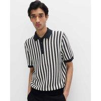 M&S Pure Cotton Textured Striped Knitted Polo Shirt Black Mix