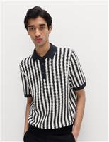 M&S Pure Cotton Textured Striped Knitted Polo Shirt Pistachio