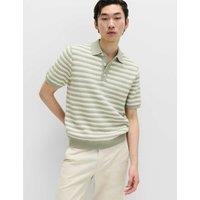 M&S Pure Cotton Textured Striped Knitted Polo Shirt Pistachio