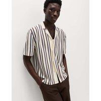M&S Cotton Textured Striped Knitted Polo Shirt Blue Mix