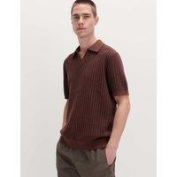 M&S Boucle Striped Open Neck Knitted Polo Shirt Chestnut