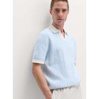 M&S Boucle Striped Open Neck Knitted Polo Shirt Powder Blue