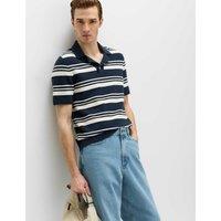 M&S Cotton Rich Bold Striped Boucle Polo Shirt Navy Mix
