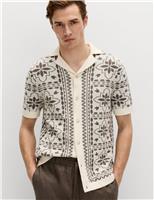 M&S Pure Cotton Mosaic Button-Through Polo Shirt Blue Mix