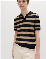 M&S Pure Cotton Striped Knitted Polo Shirt Green Mix