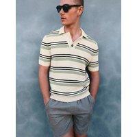 M&S Cotton Rich Bold Striped Boucle Polo Shirt Ecru Mix