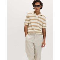 M&S Pure Cotton Striped Knitted Polo Shirt Ecru Mix