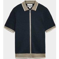 Autograph Pure Cotton Linear Stitch Zip Knitted Polo Dark Navy Mix