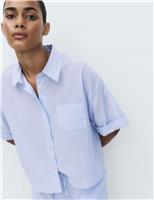 M&S Pure Cotton Woven Stripe Collared Pyjama Top Blue Mix