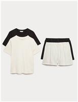 M&S 2 Pack Cotton Rich Jersey Woven Shortie Pyjama Sets Ivory Mix