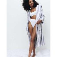 M&S Pure Cotton Towelling Striped Dressing Gown Grey Mix