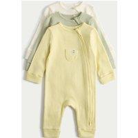 M&S 3 Pack Pure Cotton Waffle Sleepsuits (6lbs 3oz-3 Yrs) Yellow