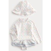 M&S 2 Piece Polka Dot Swimsuit with Hat (0-5 Yrs) White Mix