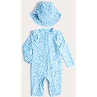 M&S 2 Piece Daisy All In One Swimsuit and Hat (0-5 Yrs) Blue Mix