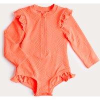 M&S Long Sleeve Frill Textured Swimsuit (0-5 Yrs) Coral