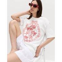 M&S Pure Cotton Graphic Oversized T-Shirt White Mix