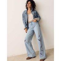 Per Una Pure Cotton Embroidered Cutwork High Waisted Wide Leg Jeans Light Indigo