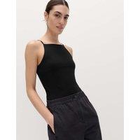 M&S Cotton Rich Square Neck Spaghetti Strap Vest Black