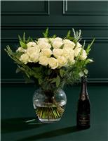 Luxury White Rose & Eucalyptus Christmas Bouquet with Vintage Champagne