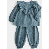 M&S 2pc Pure Cotton Gingham Frill Top & Trousers (0-5 Yrs) Grey Mix
