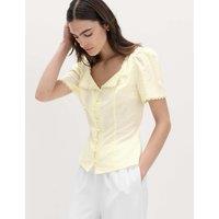 M&S Cotton Blend Lace Detail Waisted Top Pale Yellow