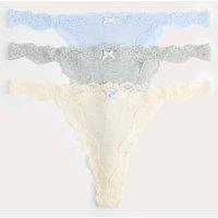 M&S 3 Pack Cotton Blend Rib Lace Thongs Grey Mix