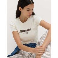 M&S Pure Cotton Slogan Slim Fit T-Shirt White Mix