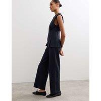 JAEGER Cotton Blend Jersey Straight Leg Trousers with Wool Navy