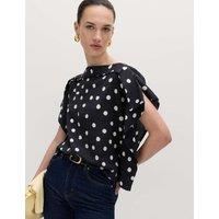 M&S Cotton Blend Spot Print Ruffle Draped Top Black Mix