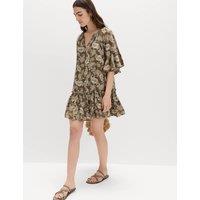 M&S Paisley Angel Sleeve Mini Tiered Dress Khaki Mix