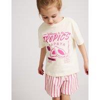 M&S Cotton-Rich Papaya T-Shirt and Shorts (2-8 Yrs) Light Cream