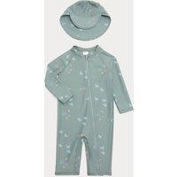 M&S Printed All In One Swimsuit with Hat (0-5 Yrs) Multi