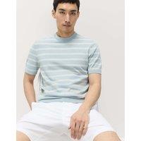 M&S Cotton Rich Striped Knitted T-Shirt Soft Blue Mix