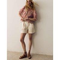 Per Una Cotton Rich Denim Pleated Shorts Ecru